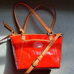 Coach Orange Patent Leather Crossbody Tote Shoulder Bag Zipper Closure Vintage